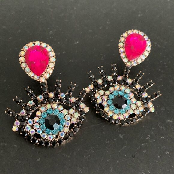 Colorful Eye Mosaic Crystal Rhinestone Earrings, Evil Eye Studs, Pink Protection - Picture 4 of 11